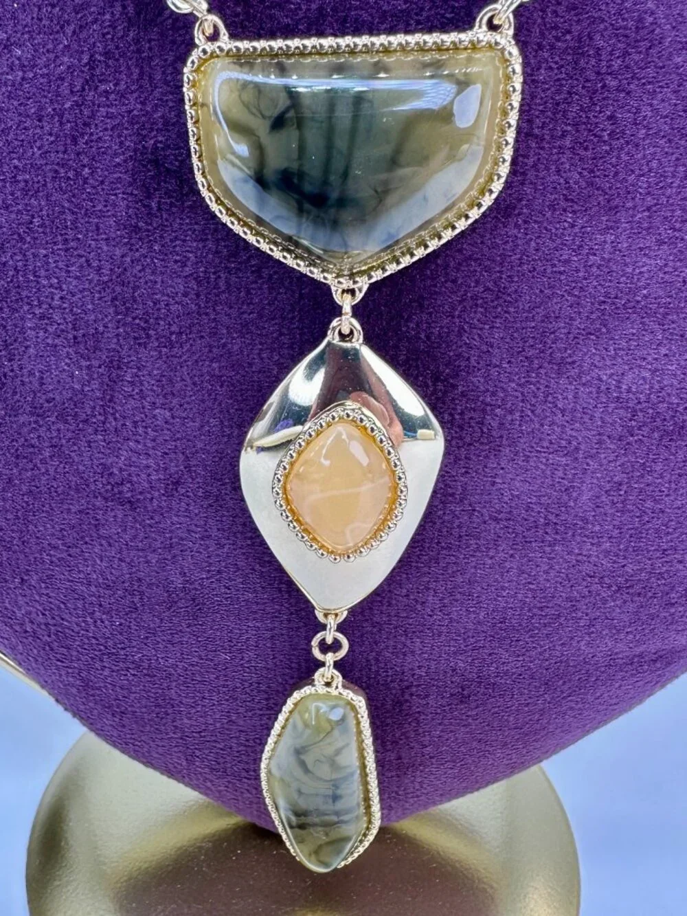 Charming Charlie Gold Tone Green Peach Statement Necklace